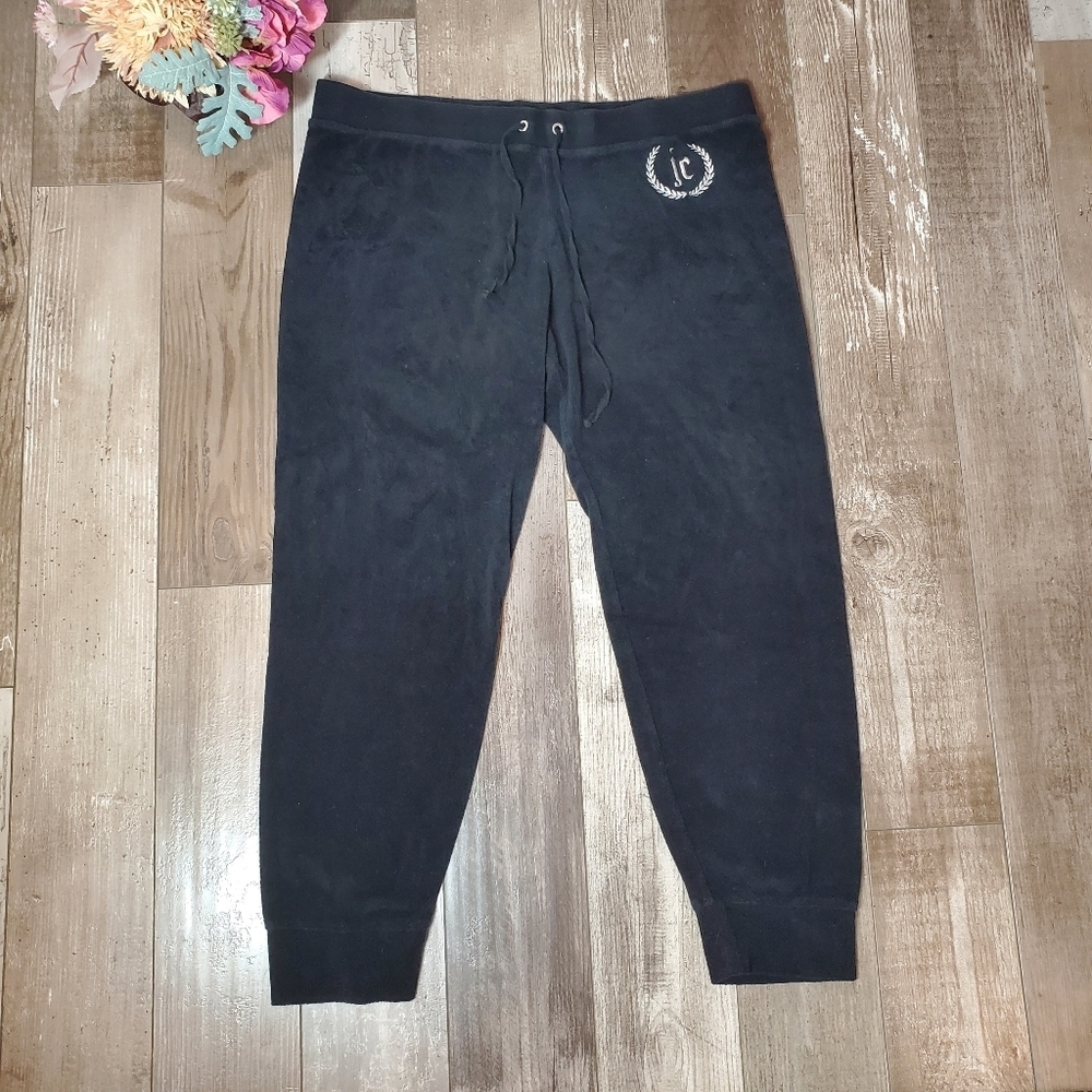 Juicy Couture Black Terry Cloth Jogger Pants Silver Embroidered Logo Size Large